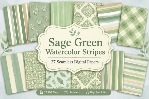 Download Sage Green Watercolor Stripes Digital - Stripes Collection